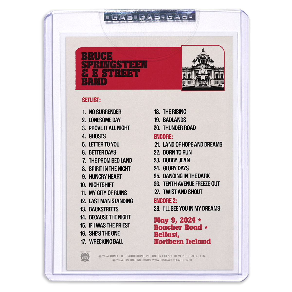 GAS BELFAST MAY 9TH Bruce Springsteen & The E-Street Band European Tour 2024 Setlist Trading Card