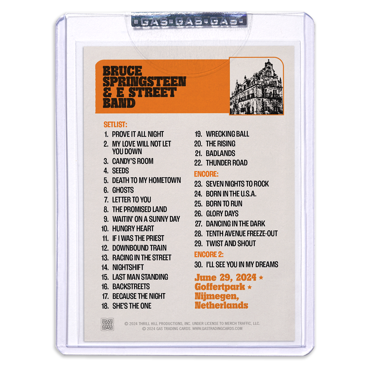 GAS NIJMEGEN JUNE 29TH Bruce Springsteen & The E-Street Band European Tour 2024 Setlist Trading Card